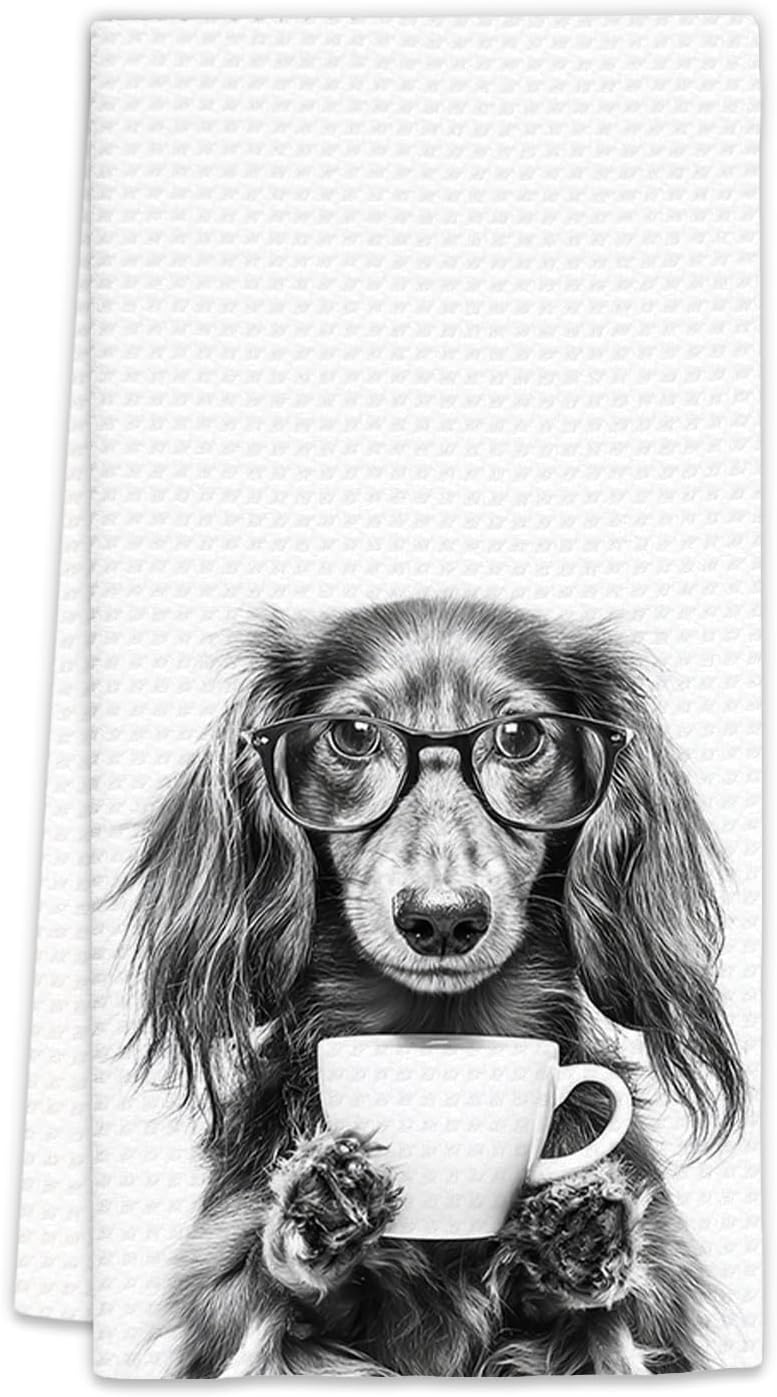 FIicy Long Haired Dachshund Gifts Coffee Kitchen Towels, Gifts for Dog Coffee Lovers Decorative Hand Tea Towel for Kitchen Home Bar, Funny Long Haired Dachshund Dog Owners CoffeeBar Decor(16x24In) - Image 1
